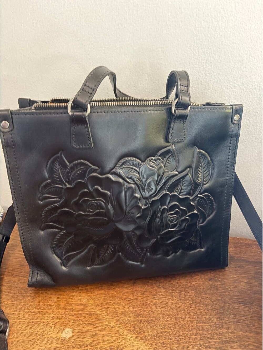 Patricia Nash Black Rose Tooled Leather Ava Tote
